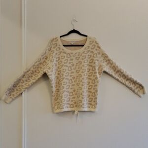 Barefoot Dreams CozyChic Ultra Lite Cream and Beige Leopard Scoop Neck Sweater